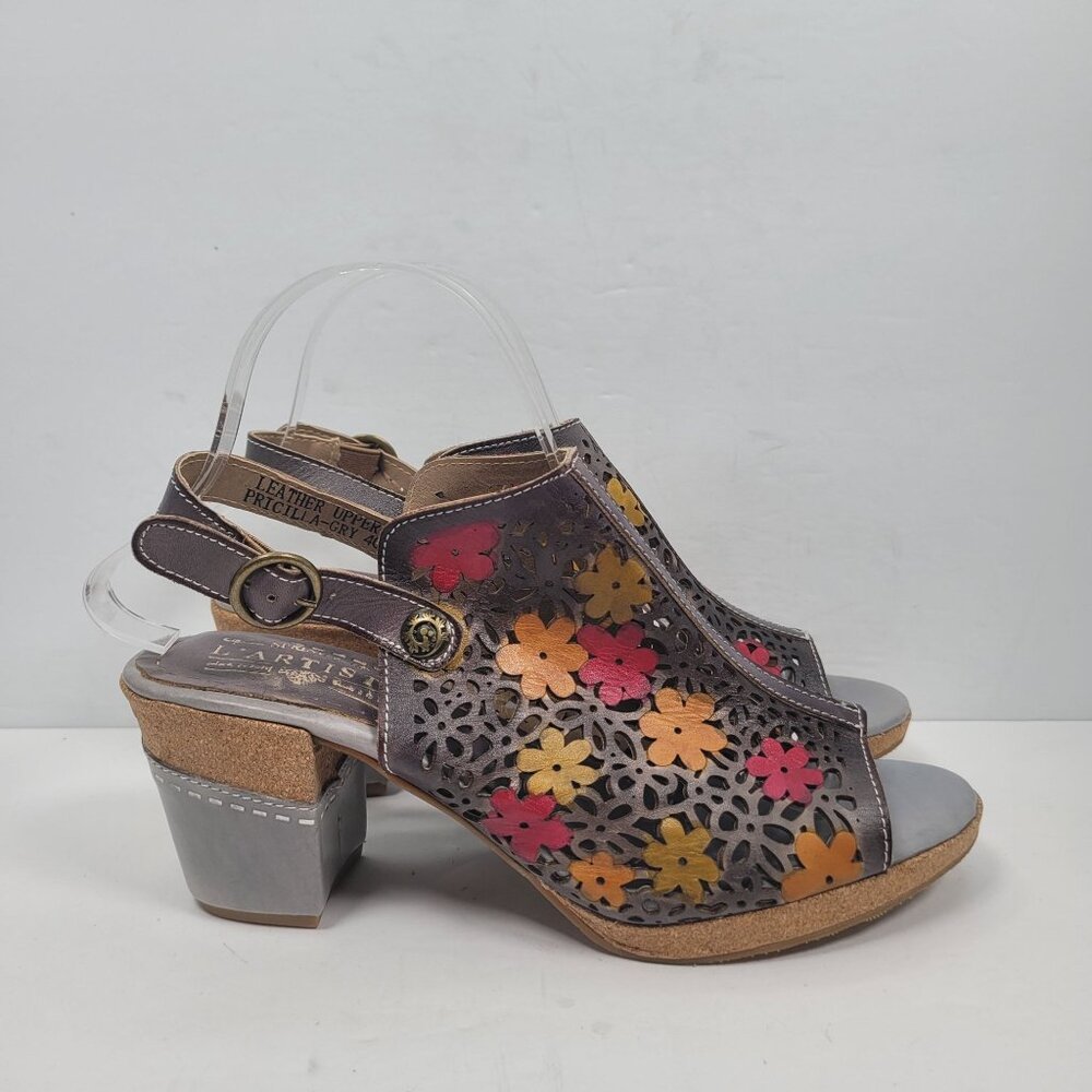 L'Artiste Spring Step Floral Cut-Out Leather Heeled Sandals US Size 9 EU 40 - Picture 1 of 8